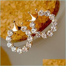 Stud Mode Bijoux Brillant Cristal Rond Cercle Boucles D'oreilles Pour Femmes Fille Or Couleur Princesse Couronne Fête De Mariage Cadeau 1206 Drop Dhreb