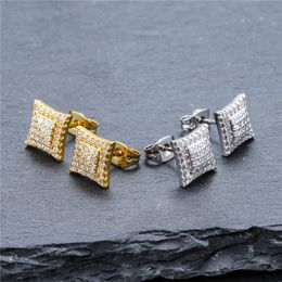 Stud Mode-sieraden Square Earring voor Mannen Vrouwen Hip Hop Micro Pave Cubic Zircon Iced Out Bling Gold Color Earrings