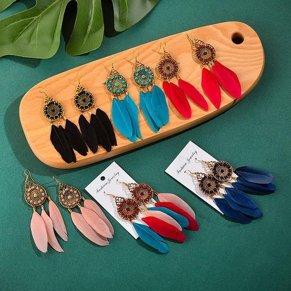 Pendientes de plumas con colgante de alambre enredado redondo de estilo Retro a la moda, joyería bohemia creativa con borlas largas para vacaciones