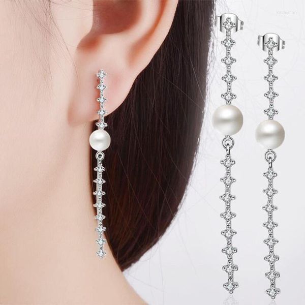 Stud Fashion Sterling Silver 925 Boucles d'oreilles pour les femmes Party Shiny CZ Temperament Long Tassel Pearl Earring Fine Jewelry GiftStud Kirs22