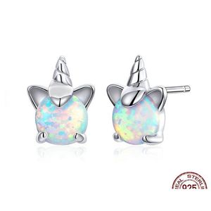 Stud Mode Eenhoorn Oorbellen 925 Sterling Zilver Multi-Color Kleine Voor Vrouwen Sieraden Geschenken Drop Levering Dhaw3