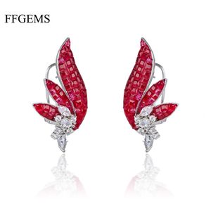 Stud ffgems Nuevo diseño 925 Flor de arete de plateado Big Grower creado Nano Ruby Emerald Invisible Fine Jewelry Women Fiesta de bodas Regalo de boda