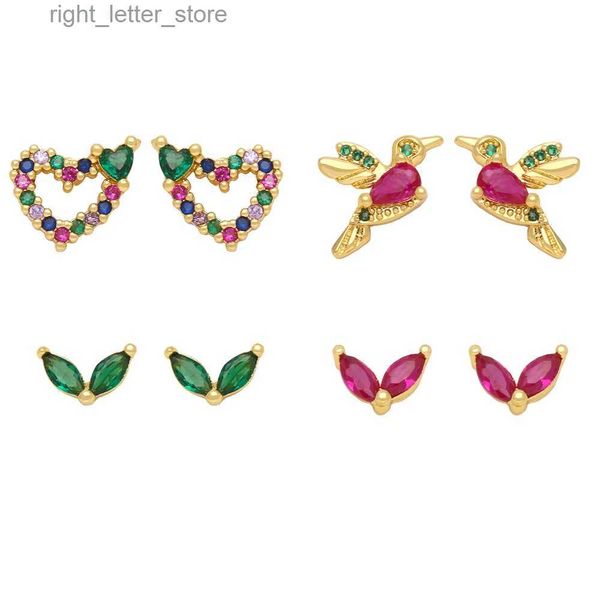 Stud FLOLA Multicolor CZ Crystal Heart Ear Studs Cobre Chapado en oro Alfileres Fucsia Bird Stud Pendientes para mujeres Joyería pequeña ersr42 YQ231128