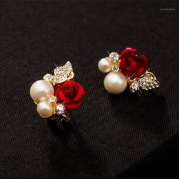Boucles d'oreilles en forme de fleur, belle Rose rouge, Imitation perle, cristal, bijoux d'oreille simples pour fille, cadeau 246m