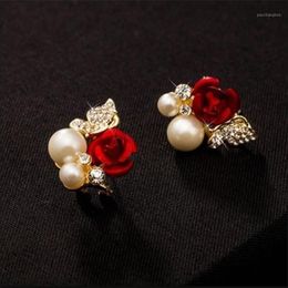 Boucles d'oreilles en forme de fleur, belle Rose rouge, Imitation perle, cristal, bijoux d'oreille simples pour fille, cadeau 253o