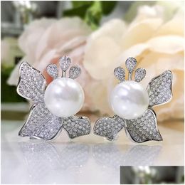 Boucle d'oreille en diamant perle de fleur de goujon 100% Sterling Sier promesse Boucles d'oreilles de mariage pour femmes bijoux de fête nuptiale