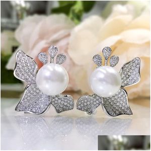 Stud Flower Pearl Diamond Earring 100% ECHTE Sterling Sier Promise Wedding Earbrongs For Women Bridal Party Sieraden Geschenk Drop levering Dhnhz