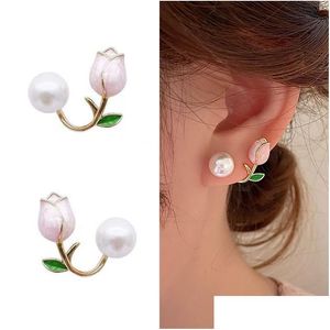 Stud Français Light Luxe Rose Pointe Fleur Perle Boucles D'oreilles Pour Femmes Zircon Exquis Boucle D'oreille Fête De Noël Bijoux Cadeau Dhgarden Ottxe