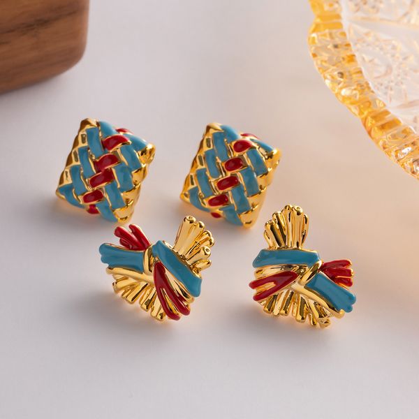 Stud Style français rétro métal émail tissé motif boucles d'oreilles coeur carré en forme de bijoux cadeaux 230712