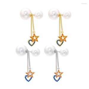 Boucles d'oreilles en perles d'eau douce pour femmes, couleur or argent, Micro pavé de zircone, cœur étoile, bijoux longs à la mode Dale22 Farl22