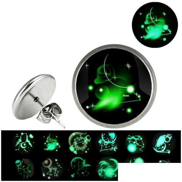 Stud Glow In The Dark 12 Boucles d'oreilles signe du zodiaque pour les femmes Verre Constellation Acier inoxydable Hypoallergénique Sier Boucles d'oreilles Mode Dr Dhm80