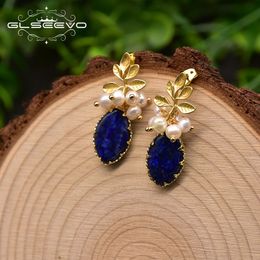 Stud GLSEEVO Natuurlijke Lapis Lazuli Blad Ongebruikelijke Drop Oorbellen Voor Vrouwen Charm Ontwerp Dangle Oorbellen Fijne Sieraden Huwelijkscadeau GE0897 230719