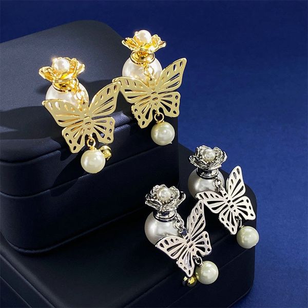 Stud Or / Argent Plaqué Or Perle Papillon Lettre Timbres Boucles D'oreilles Bijoux Lettre cadeau de mariage usine en gros Avec sac à poussière