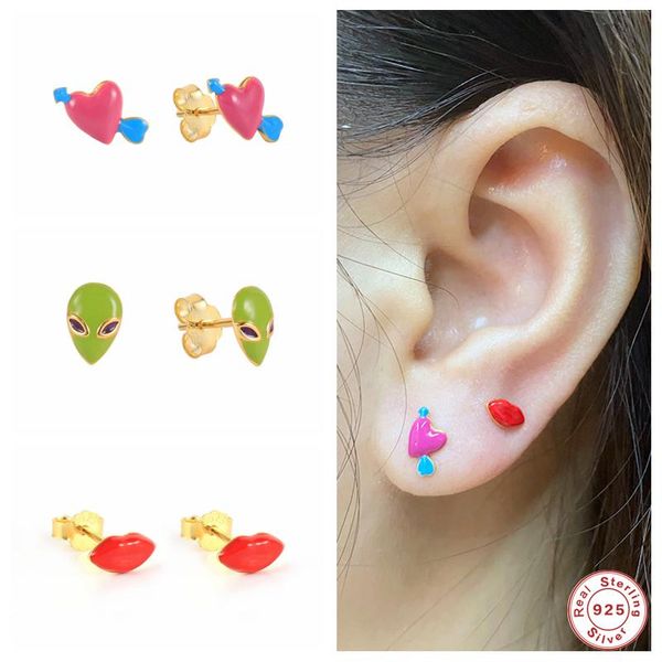 Stud GS 925 Sterling Silver Mignon Drôle Alien Visage Boucles D'oreilles Émail Coloré Rouge À Lèvres Bonbon Flamme Rose Coeur Oreille Goujons Bijoux