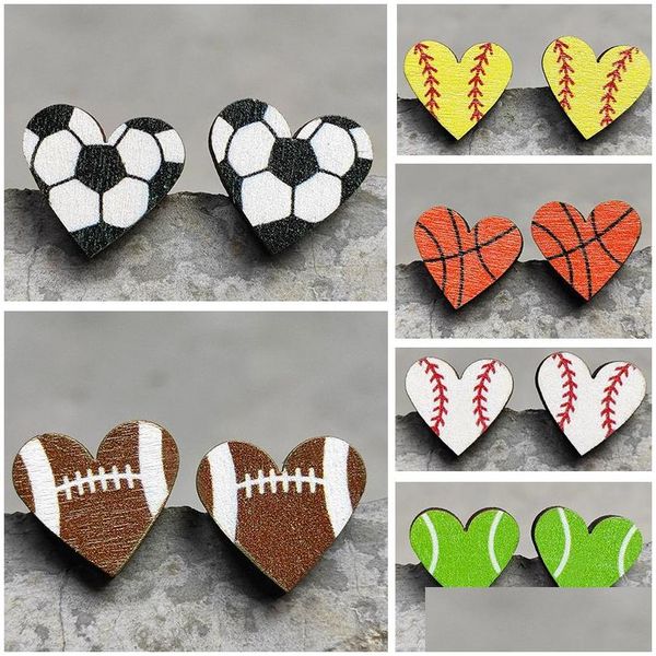 Stud Heart Sports Baseball Pendientes Rugby Football Basketball Accesorios de moda de madera Regalo Drop Delivery Jewelry Dhfm6