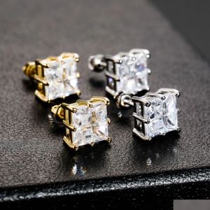 Stud Hip Hop Stud Claw Set Cube Cz Steen Bling Ice Out 9Mm Vierkante Oorbellen Voor Mannen Rapper sieraden Sieraden Oorbellen Dhee1