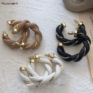 Stud Huanzhi Coloré Métal Twisted Knit Cuir Couture Géométrique C-Forme Hoop Boucles d'oreilles pour femmes Girls Party Bijoux 23212