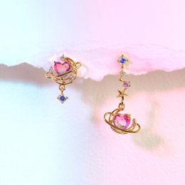 Stud Ins Asymmetric Moon Heart Earring voor vrouwen schattige vergulde vergulde roze zirkon hart stud oorbellen mode esthetische sieraden cadeau 230412