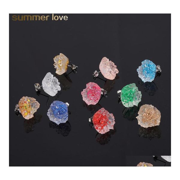 Stud Irregar Pendientes de piedra de resina Crystal Cluster Flower Pendiente para mujer Colorf Cuarzo Rock Druzy Gem Gold Ear Drop Delivery Jewelr Otuxp