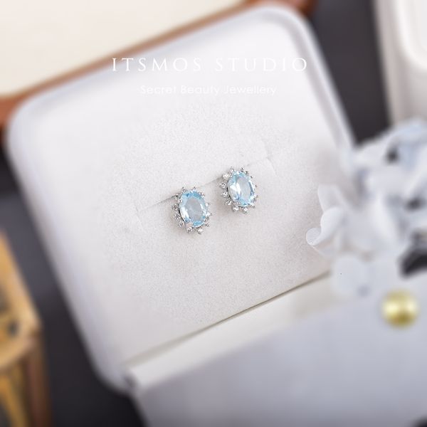 Stud ITSMOS Naturel 14ct Ocean Blue Topaz Ovale Pave CZ Boucles d'oreilles en argent sterling Gemstone Studs Boucle d'oreille Amant Jewerly pour les femmes Cadeau 230807