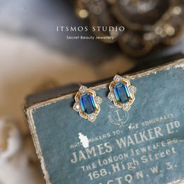 Stud ITSMOS Square Blue Diamond Oorbellen Koninklijke Luxe Pave Studs s925 Sterling Zilver Verguld voor Vrouwen 230807