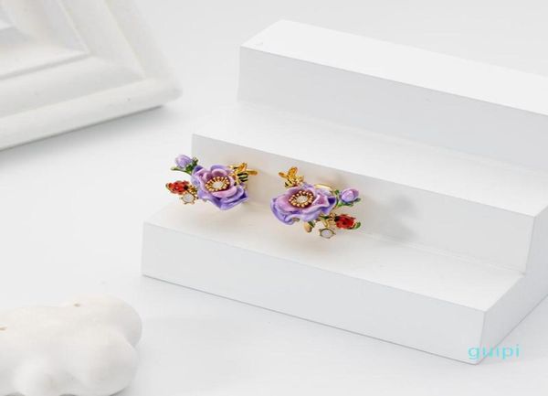 Stud Jaeeyin 2021 Délicat Émail Rose Fleur Or Couleur Abeille Coccinelles Feuilles Colorées Boucles D'oreilles Clip Année Cadeau Girls6970442