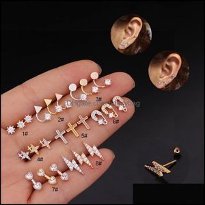 Stud Jewelrystud Single One Cute Mini Cross Star Ear Bone Cuff Pendientes Shiny Cz Zircon Doble cara de acero inoxidable Ball Bar Jewelry Drop D