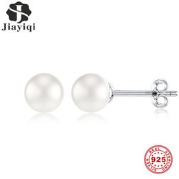 Stud Jiayiqi Echte natuurlijke zoetwater witte parel 6-8 mm oorbellen voor vrouwen Real 925 Sterling zilveren fijne sieradencadeau