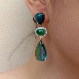 Goujon KKGEM 12x22mm larme arc-en-ciel couleur cristal bleu apatite vert agate argent plaqué boucles d'oreilles pendantes