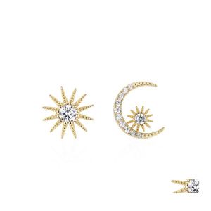 Stud Koreaanse asymmetrische ster Moon -oorbellen voor vrouwen 925 Sterling Sier Hypoallergeenic CZ Oorringen mode sieraden cadeau drop leveren otsnb