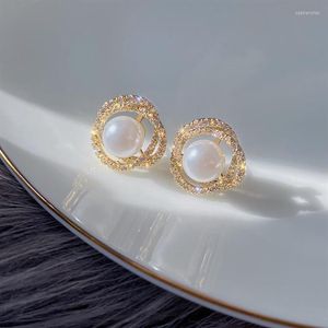 Stud coréen Design mode bijoux exquis Zircon ed fleur 14K or boucles d'oreilles femmes élégantes perle bal fête boucles d'oreillesStud S260b
