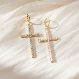 Étalon coréen minimaliste zircon perle femme pendante boucles d'oreilles simples géométrie croix de croix en ramine