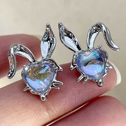 Stud coréen clair de lune pierre boucles d'oreilles mignon beauté 3D argent lapin mode romantique bijoux accessoires G230602