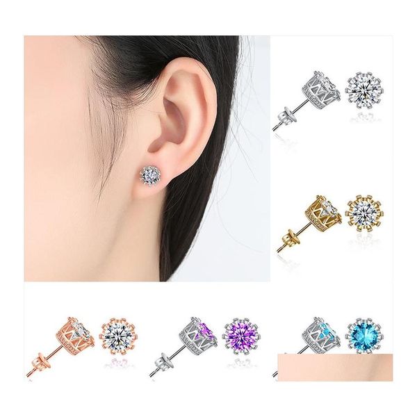 Stud mujeres coreanas Cz corona pendientes lujo Sier oro claro púrpura azul Cubic Zirconia diamante oreja anillos para niña joyería de moda Dro Otxi9