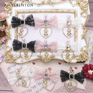 Stud Kant Liefde Hanger Oorbel Oor Clip Meisjes Japanse Stijl Zoete Schattige Boog Beer Clip Oorbellen Vrouwen Roze Oorbel 231208