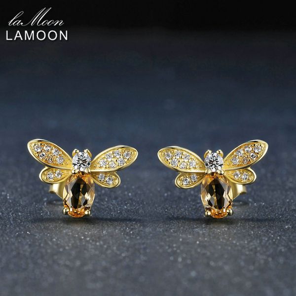 Stud LAMOON Bee Boucles d'oreilles pour femmes 925 Sterling Silver Citrine Gemstone Boucles d'oreilles 14K Or Jaune Plaqué Fine Jewelry LMEI041 230729