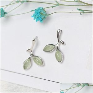 Stud Leaf Shape Earring 925 Sterling Sier -oordingen voor vrouwen Opal Green Stone Pierced oordingen1 Drop Delivery Sieraden oorbellen Dhtqb Otjkl