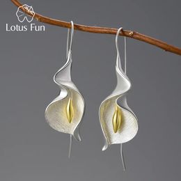 Stud Lotus Fun 18K Or Longue Suspendue Calla Lily Fleur Boucles D'oreilles Pour Les Femmes Réel 925 En Argent Sterling De Luxe Fine Bijoux 231124