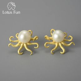 Stud Lotus Fun créatif poulpe naturel perle boucles d'oreilles pour les femmes réel 925 en argent Sterling déclaration originale luxe bijoux fins 231124