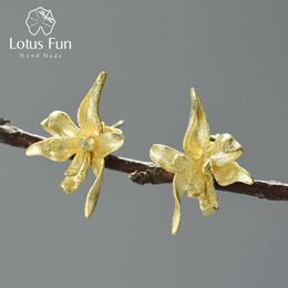 Stud Lotus Fun boucles d'oreilles élégantes en forme de fleur d'iris, en argent Sterling 925 véritable, en or 18 carats, pour femmes, bijoux fins de styliste faits à la main, 231130