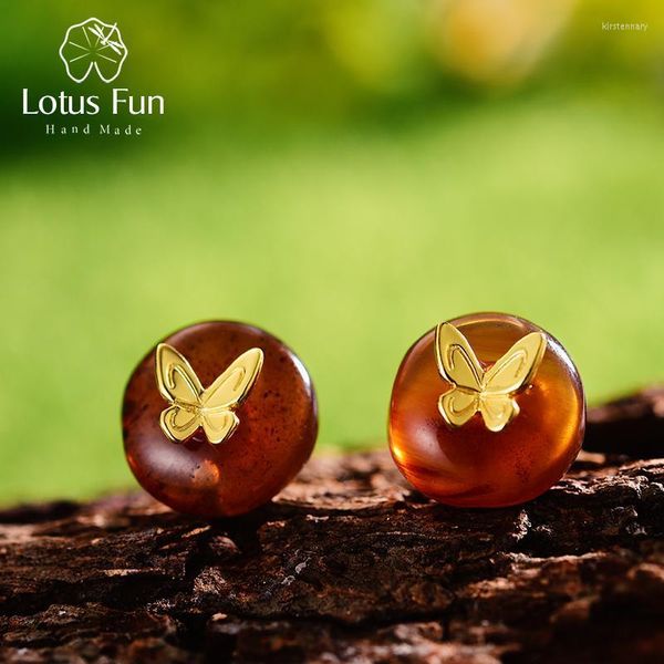 Stud Lotus Fun Real 925 Sterling Silver Natural Amber Stone Diseñador hecho a mano Joyería fina Pendientes de mariposa para mujeres BrincosStud Kirs22