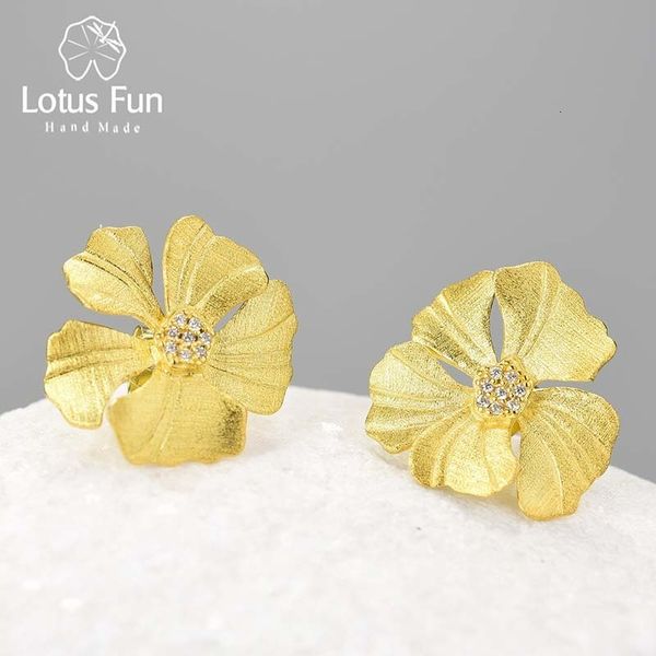 Stud Lotus Fun Real 925 Sterling Silver Natural Zircon Élégant Big Peony Flower Boucles d'oreilles pour les femmes 18K Gold Statement Jewelry 230726