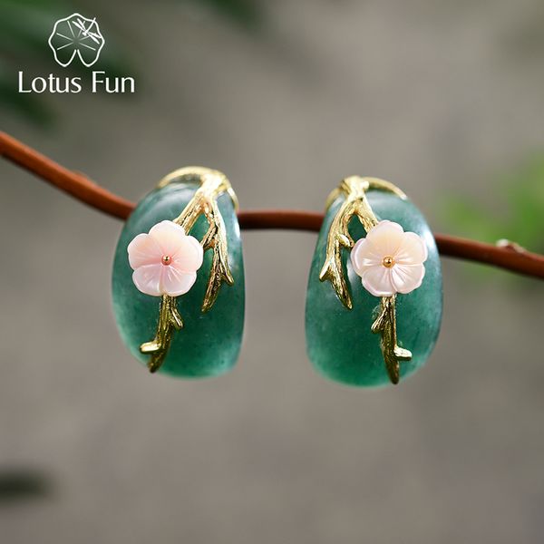 Stud Lotus Fun Real 925 Silver Silver Natural Aventurine Original Boucles d'oreilles de fleur de prune à la main pour femmes 230729