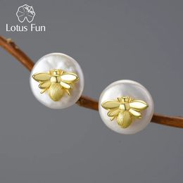 Stud Lotus Fun – boucles d'oreilles en forme d'abeille pour femmes, bijoux fins de fête, en or 18 carats, en argent Sterling 925 véritable, Vintage, insolite, perle baroque naturelle, 231115