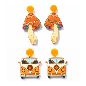Stud Mooie kleurrijke cartoon champignon en reisauto met bloemen UV print acryl oranje oorbellen voor damesstud