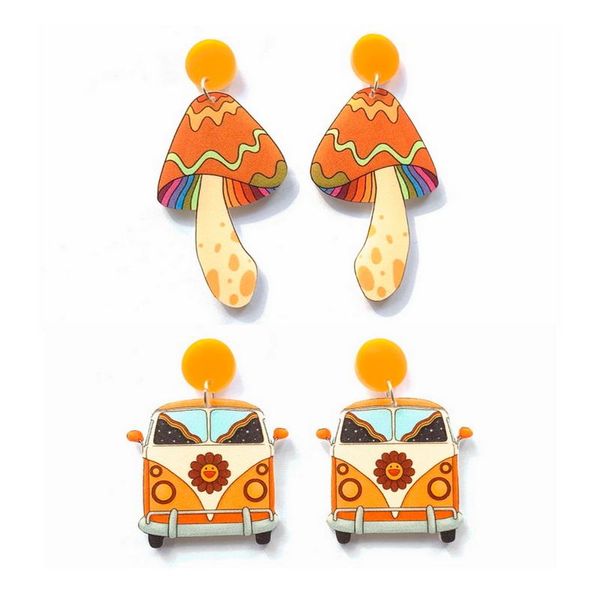 Stud Belle Champignon De Dessin Animé Coloré Et Voiture De Voyage Avec Des Fleurs Impression UV Acrylique Orange Boucles D'oreilles Pour WomenStud