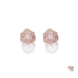 Stud Belle Diamant Zircon Camillia Fleur Perle Boucles D'oreilles Pour Femme Filles Super Scintillant Ins Mode Luxe Designer 925 Sier Post Dh4Ta