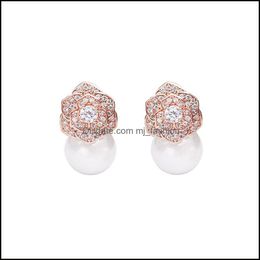 Stud Belle Diamant Zircon Camillia Fleur Perle Boucles D'oreilles Pour Femme Filles Super Scintillant Ins Mode Designer De Luxe 925 Sier Post Dhirz