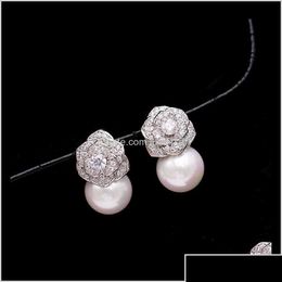 Stud Mooie Diamond Zirkon Camillia Flower Pearl -oorbellen voor vrouw Girls Super glinsterende ins mode Luxe ontwerper 925 Sier Post DHXGK
