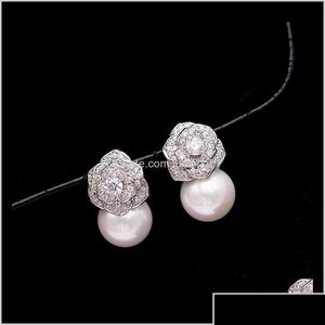 Stud Mooie Diamond Zirkon Camillia Flower Pearl -oorbellen voor vrouw Girls Super glinsterende ins mode Luxe ontwerper 925 Sier Post DHGJV